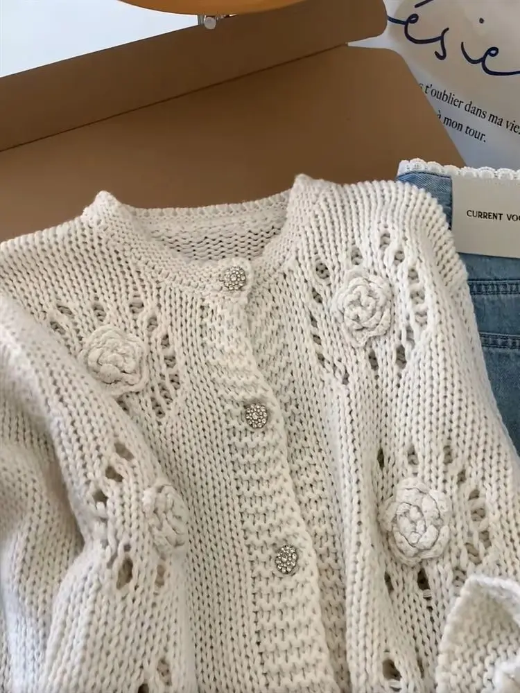 Herbst Casual Haken Blume Aushöhlen Pullover Strickjacke Frauen Rundhals Lange Ärmeln einreiher Süße Gestrickte Mantel