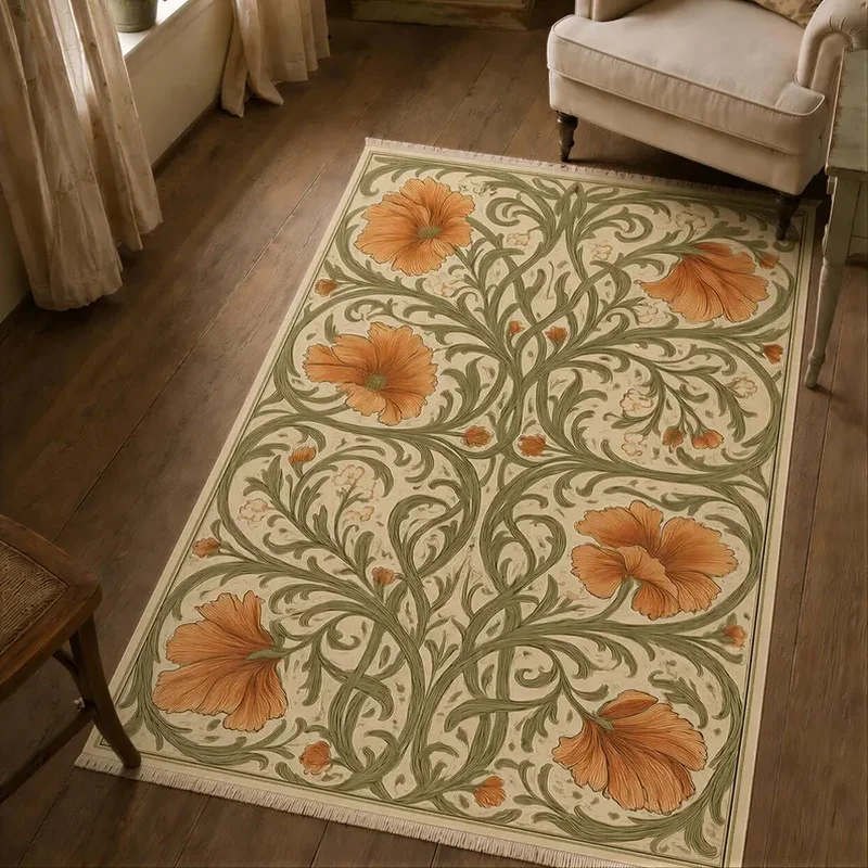 VIKAMA William Morris Rug Cream Orange Poppy Botanical Floral Vintage Cottage Washable Non-Slip Rug for Living Room Bedroom