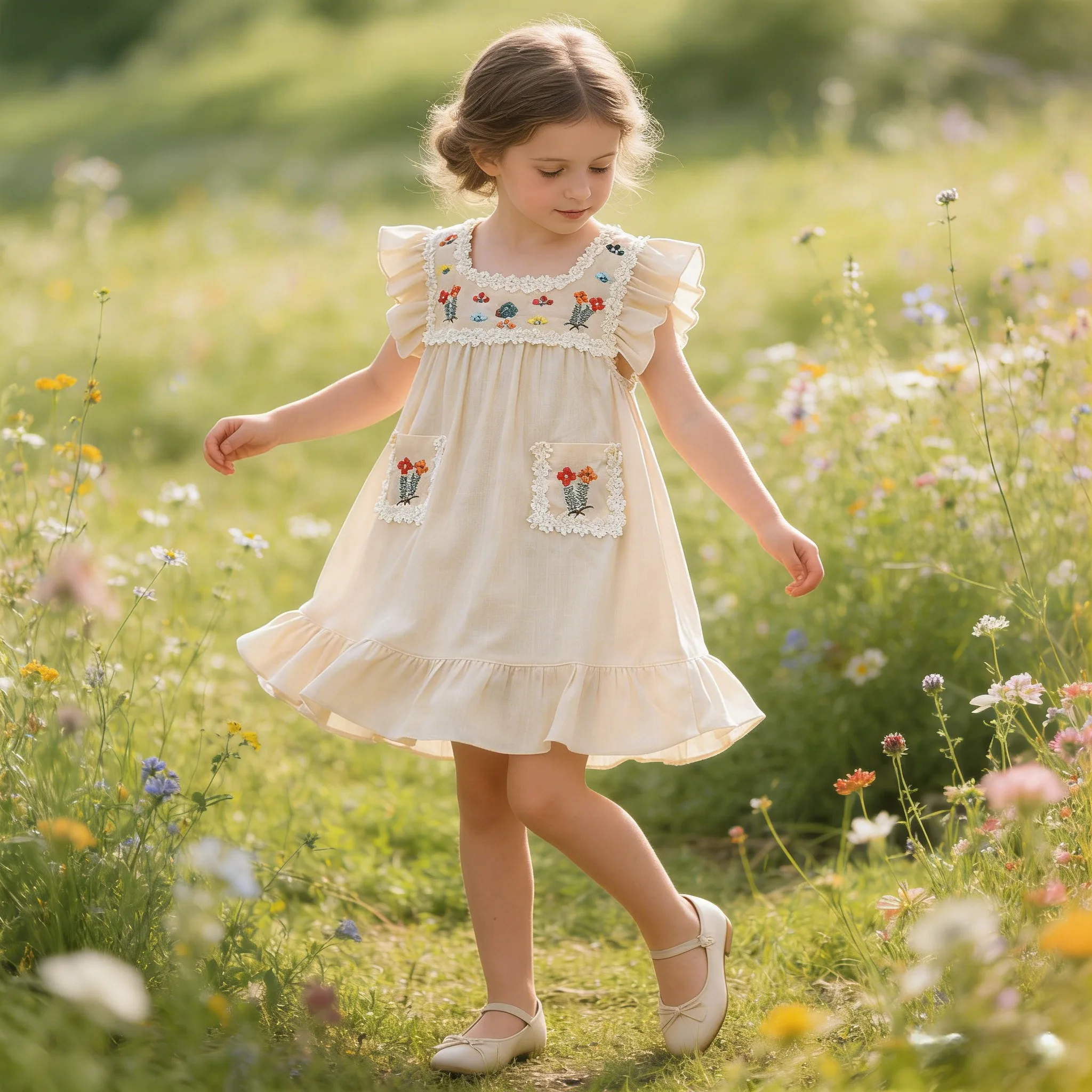 Summer Fashion Girls Clothes Flower Embroidered A-Line Dress Flying Sleeve Princess Dress Children Fashion Casual Clothes 2-6Yrs