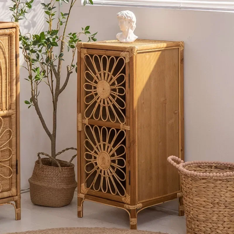 Retro Rattan Woven Meal Side Cabinet Light Luxury Living Room Cabinets Porch Locker for Small Family Homestay