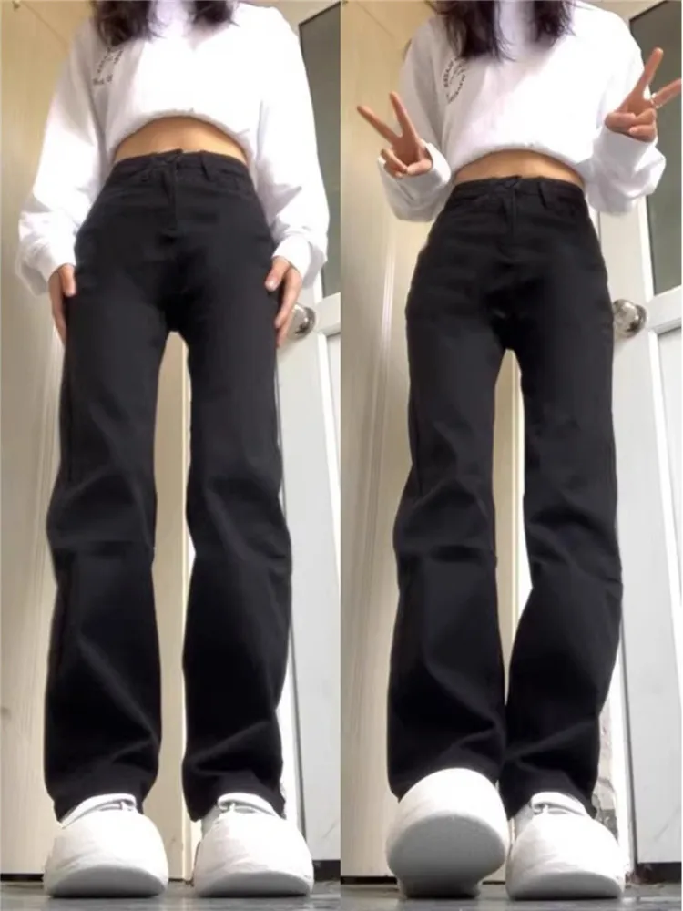 

Black High Waist Straight Leg Stretchy Jeans Women's Extended Length Slim Fit American Retro Smoked Tube Pants Spring Autumn