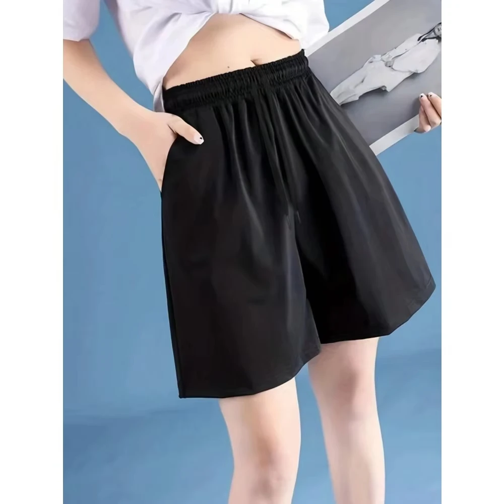 شورت جري نسائي فضفاض مناسب لليوجا واللياقة البدنية مع حزام خصر برباط وجيوب شورت y2k أسود