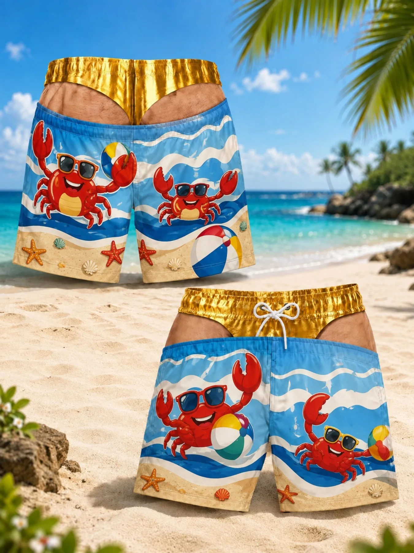 Men's Fun Cartoon 3D Crab Printed Beach Shorts Breathable Large Pants Loose Shorts Gift for Friends