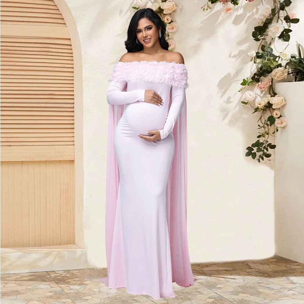 Maternity Women's Appliques Off Shoulder Long Sleeves Photography Dress Mesh Cloak Maxi Gown for Photoshoot Baby Shower view 4