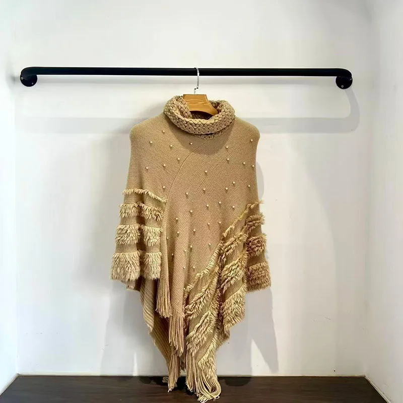 

Autumn aAnd Winter Ladies Beaded High-Necked Fringed Shawl Casual Loose Joker Comfortable Ladies Casual Soft Pullover Sweater