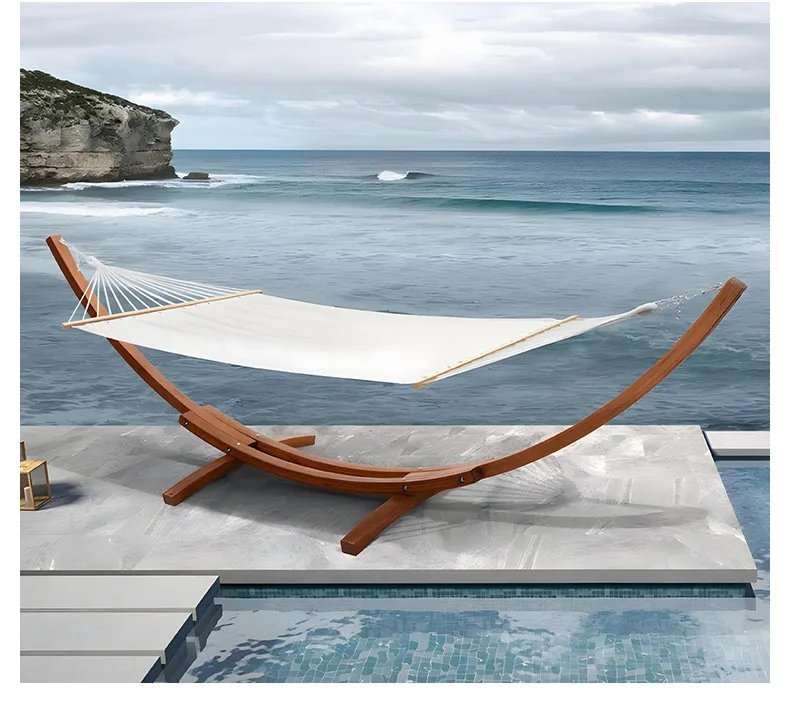 #Outdoor Wooden Frame Steel Fabric Canvas Hammock for Patio Balcony Courtyard Garden Swing Single Garden Hammock