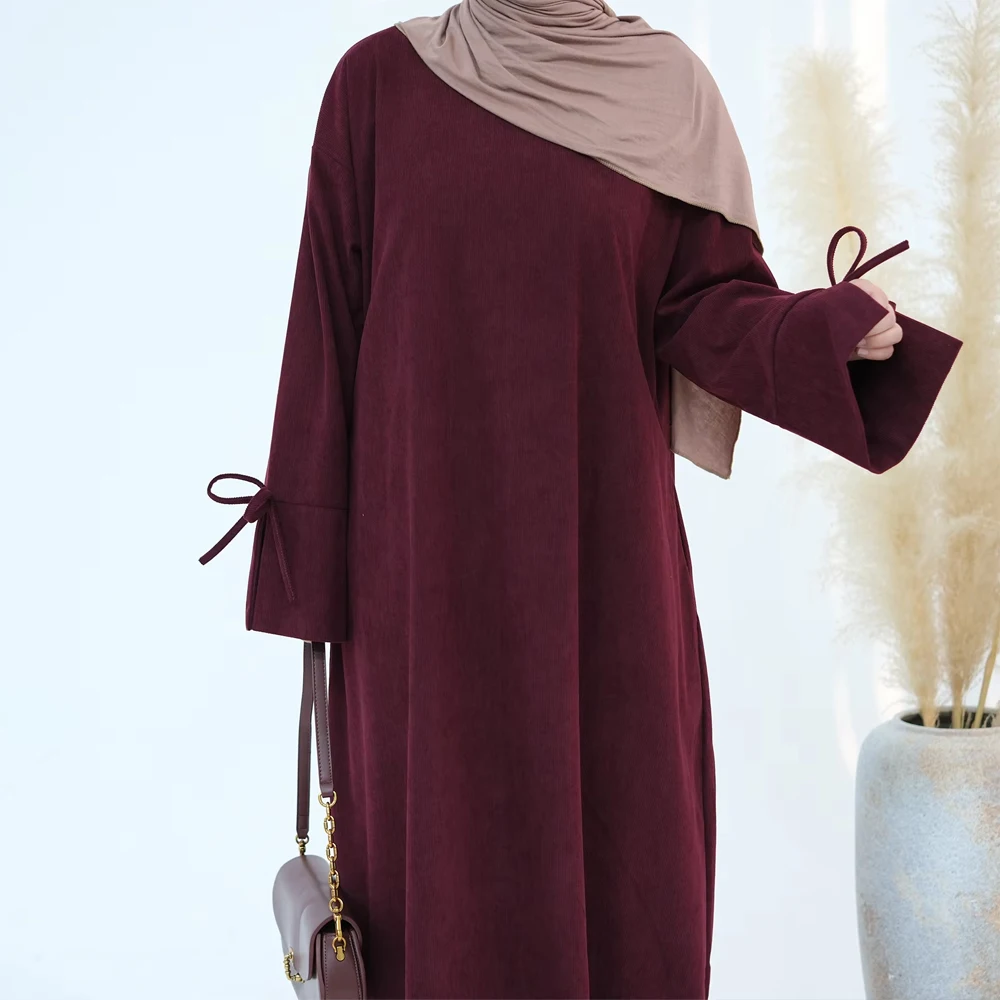 Nouveau velours côtelé Abayas Bow robes musulmanes pour femmes dubaï turquie caftan Eid Kebaya Caftan Marocain Femme Musulmane Jalabiya Robe