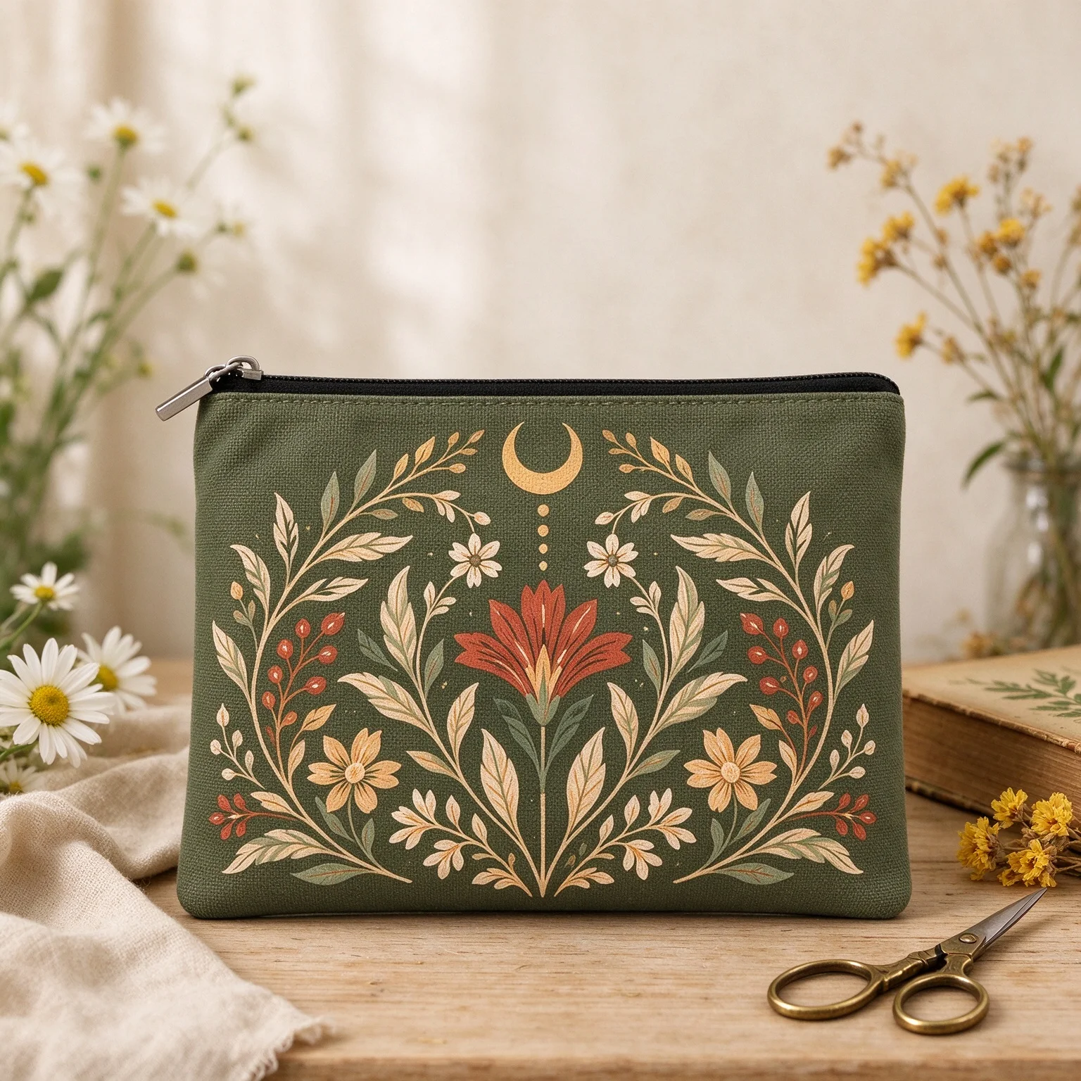 Vintage Floral Moon Canvas Cosmetic Bag, Boho Botanical Pattern Zipper Pouch Women Travel Makeup Bag