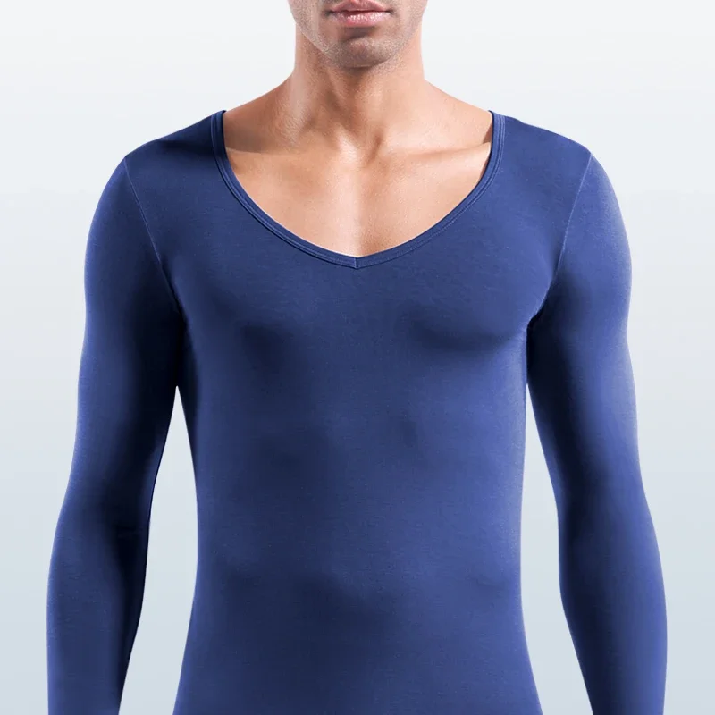 Men's thermal underwear pure cotton low-neck large V-neck autumn clothes autumn and winter solid color thin slim-fit top