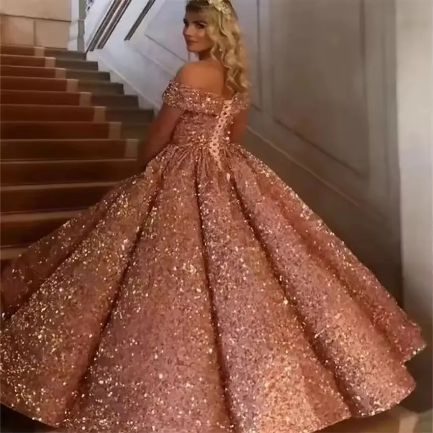 Customized Luxury Sparkly Red Ball Gown Quinceanera Dresses Off Shoulder Shiny Sequined Sweetheart Party Prom vestido de