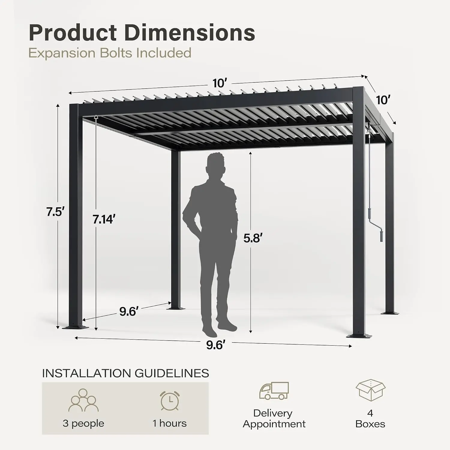 10'x10' Louvered Pergola, Adjustable Aluminum Pergola with Integrated Drainage System, Heavy-Duty Outdoor Gazebo, Customized