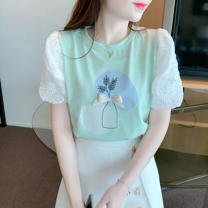 

Summer Clothing Round Neck Women's Pullover Lace Patchwork Short Sleeve Plant&Flowers T-shirt Hollow Out All-match Korean Tops