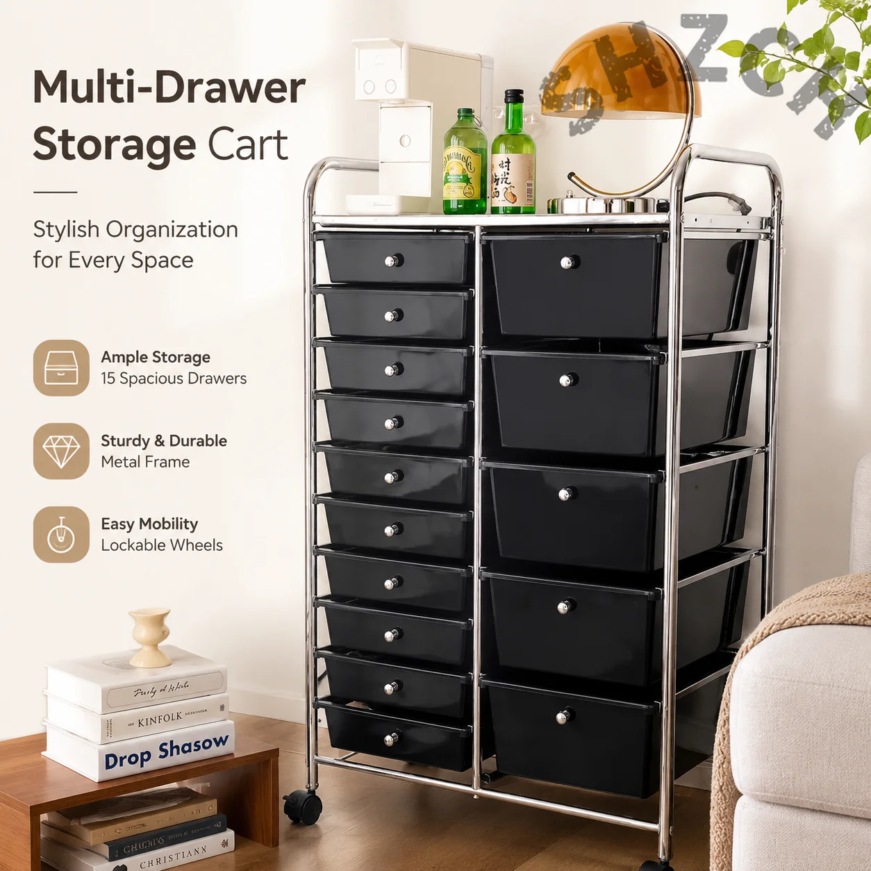 Pastel Multilayer Sliding Storage Cart with Deep Drawers, Carbon Steel Frame & Locking Casters