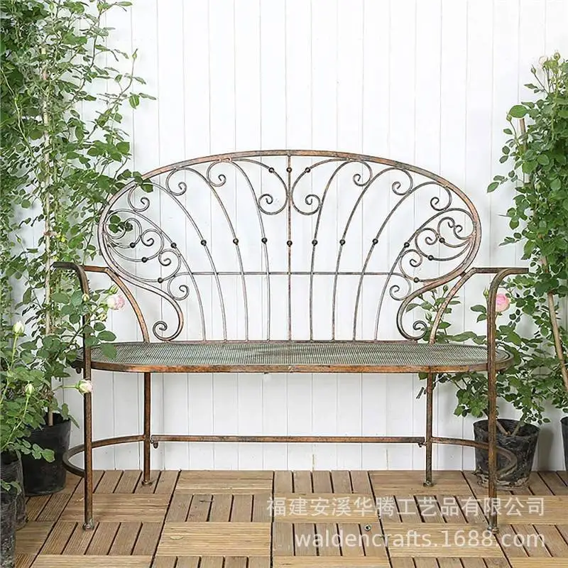 Courtyard Garden Bench Park Bench Outdoor Vintage Wrought Iron Chair Balcony Garden Metallic Iron Double Chair Backrest