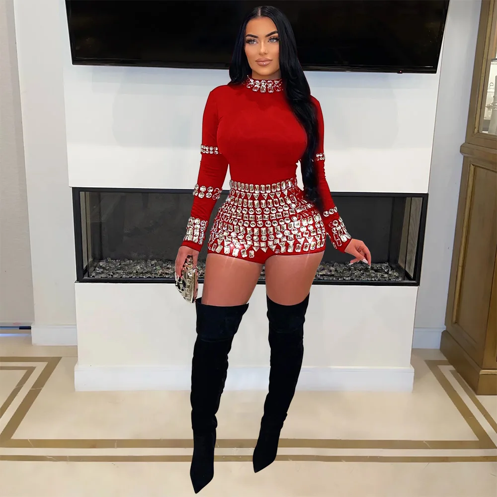 HBLL ملابس نسائية قطعة واحدة بدلة رومبير ضيقة مثيرة بأكمام طويلة نحيلة لحفلات النادي بأحجار الراين بدلة لعب كريستالية