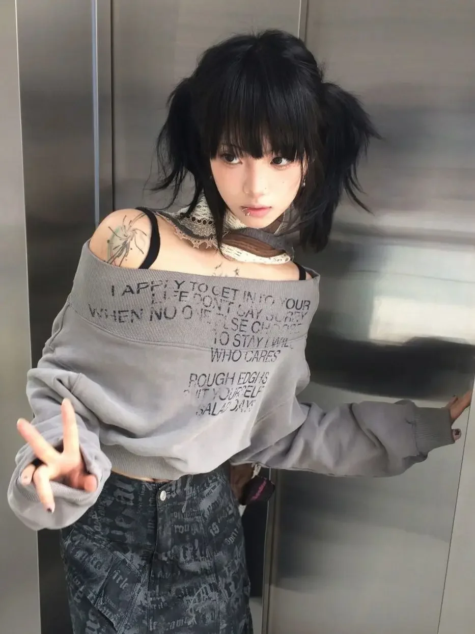 Hoddies Frauen Vintage Kleidung Brief Drucken Crop Slash Neck Harajuku Sexy Tops Streetwear Japanischen Sweatshirts Casual