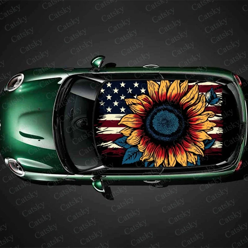 Sunflower With American Flag Car Roof Sticker Wrap Racing SUV Accessories Packaging Painted PVC Custom Car Graphic Decal