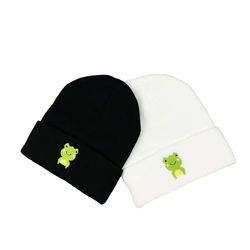 1pcs Winter Frog Knit Hat Embroidery Cartoons Warm Outdoor Women Men Ski Knitted Beanie Unisex Black White