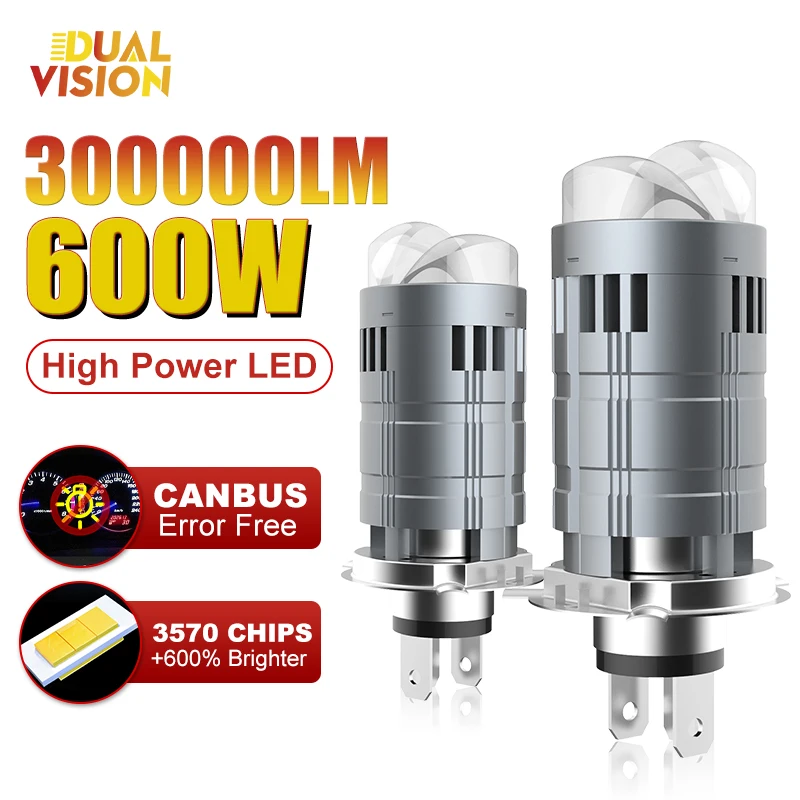 600W H4 Bi Mini LED Projector Lens Car Bulb Canbus Auto Headlight Turbo Lamps High Low Beam 300000LM 12V 24V Plug and Play