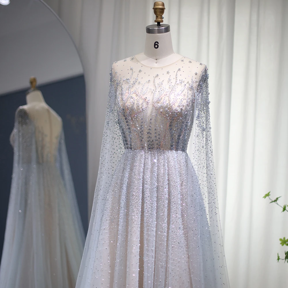 فستان سهرة فاخر فضي مطرز بدبي بأكمام كاب 2022 أنيق طويل وردي عربي رسمي للحفلات للنساء زفاف