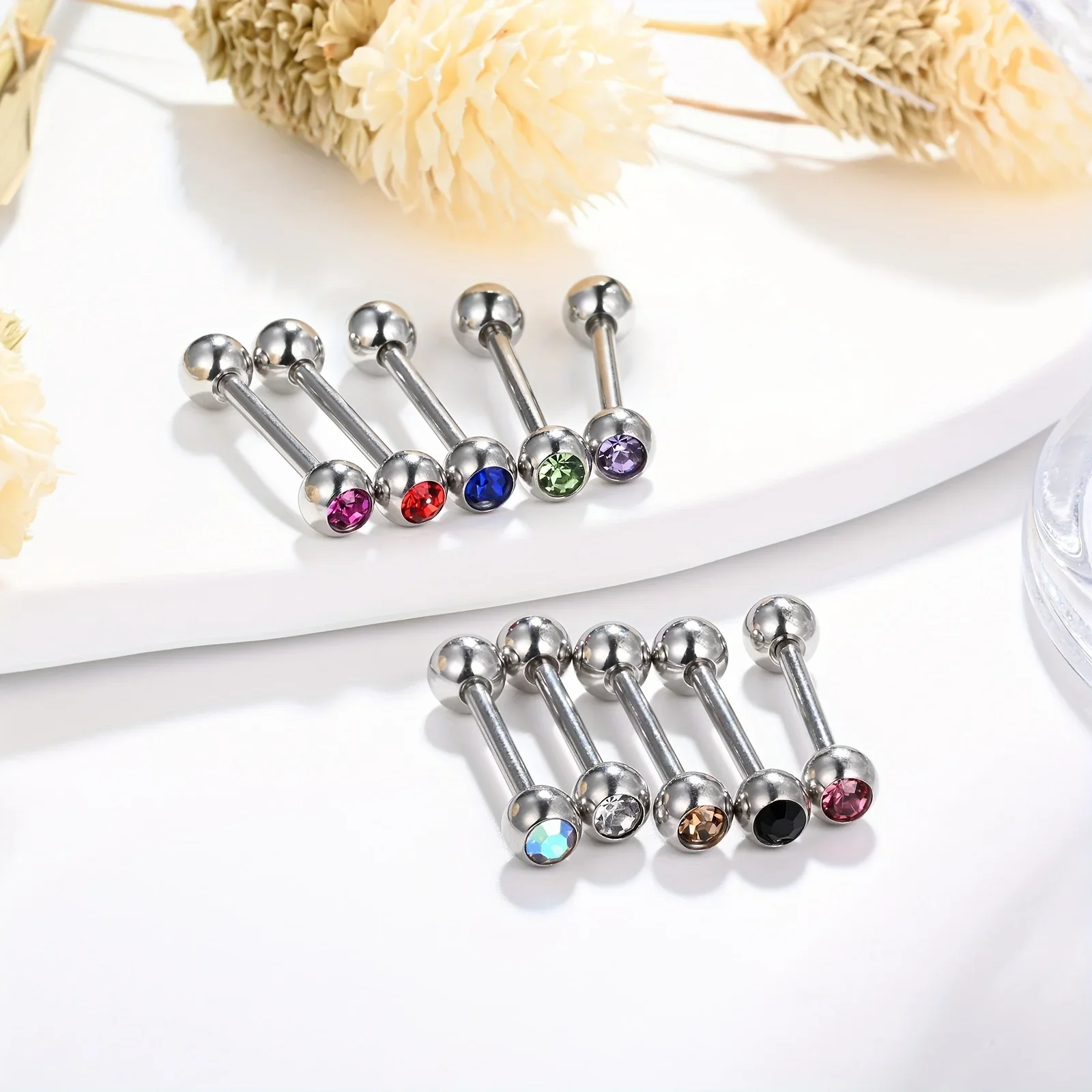 10pcs 14G Rhinestone Straight Barbell Metal Tongue Piercing 