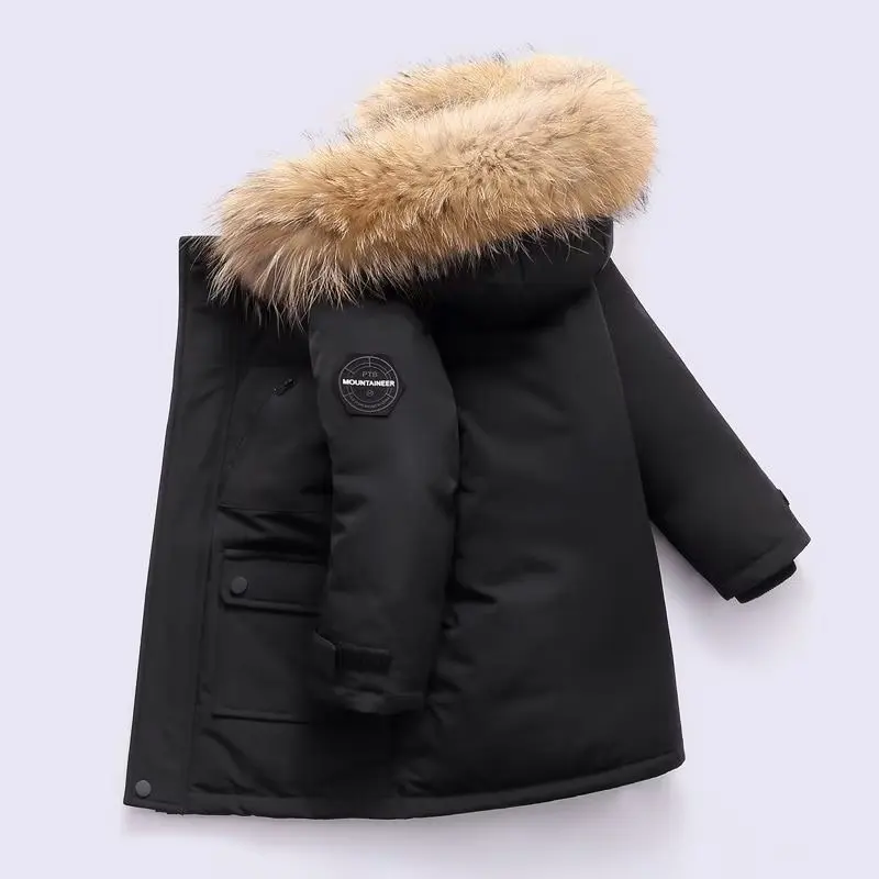 New -30 Boys Faux Fur hooded  Down Jacket winter Thick Warm Outerwear Boys Kids Parka  Winter snowsuit Teenage 10 12 14 years