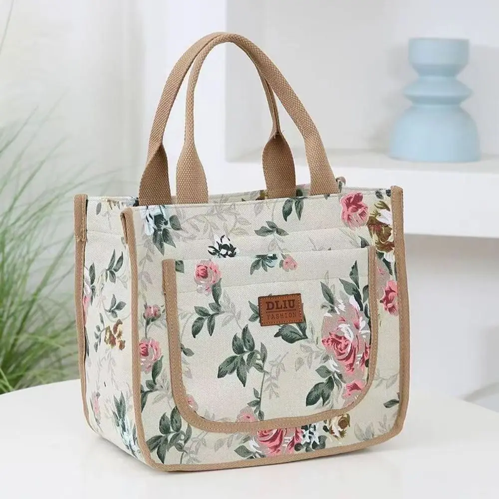 

Portable Insulated Floral Print Lunch Bag Flower Foil Lining Thermal Picnic Bag Large Capacity Zippered Canvas Handbag Women
