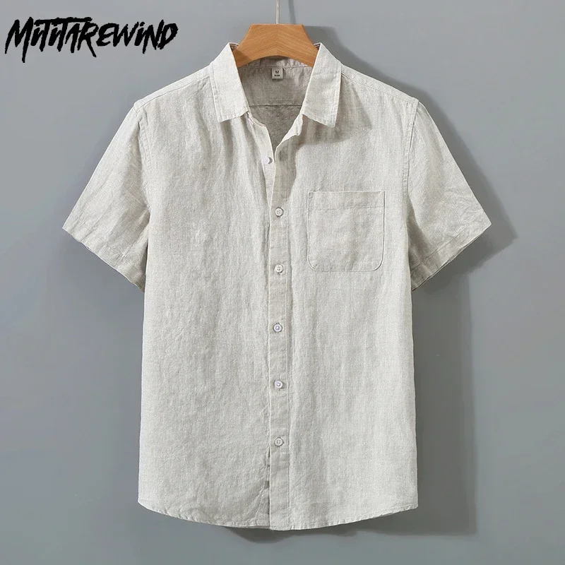 

Japanese Style Pure Linen Shirt Men Summer Beach Breathable Male Tops Casual Pocket White Short Sleeve Shirts Man Daily Clothing