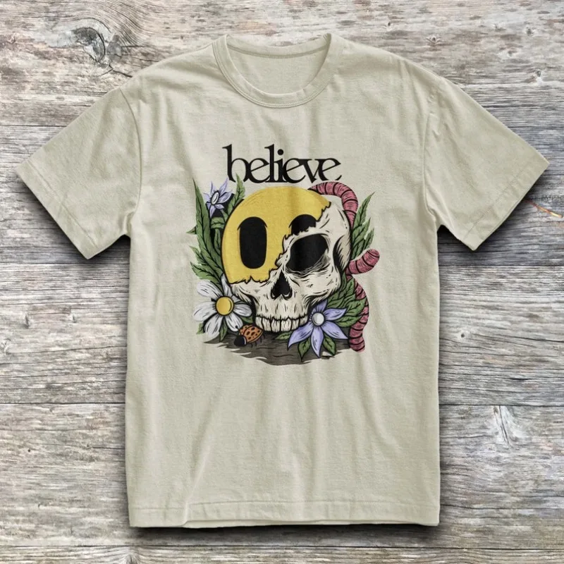 

00013298#A-Floral Skull T-Shirt - Retro Graphic Tee in Natural