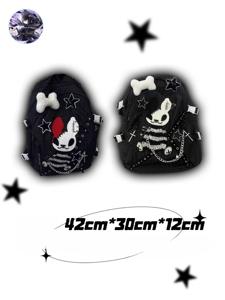 original handmade Devil Rabbit School Bag Cross Chain Star Bone Pin Backpack