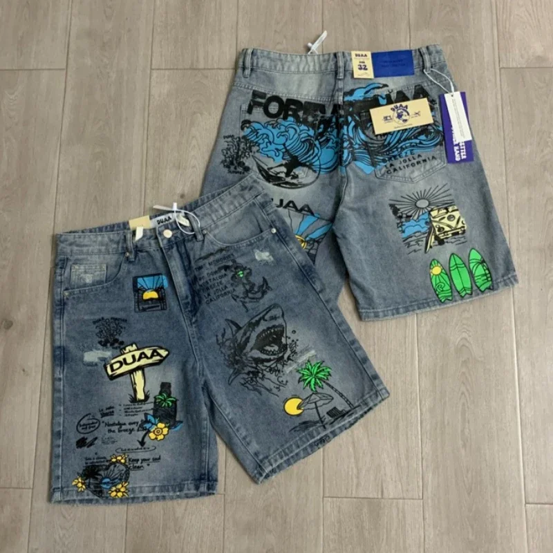 American Street Color Graffiti DUAA Denim Shorts Island Vacation Graphic Print Ripped Loose Straight Duaa Shorts