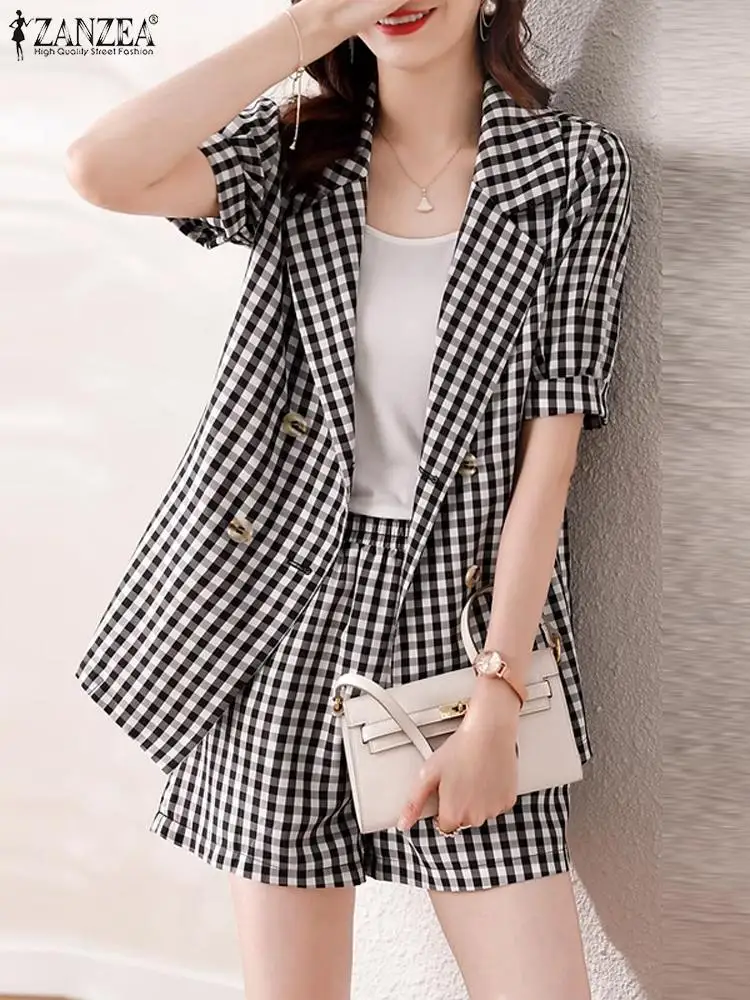 ZANZEA Summer Elegant Blazer Suit Gingham Notched Lapel Elastic Waist Short Pant Women Short Sets Short Sleeve Tops 2pcs Outfits