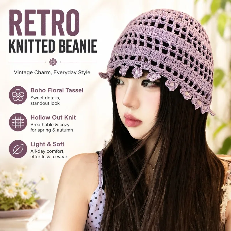 Retro Knitted Hollow Out Beanie Hat for Women, Boho Floral Tassel Turban Cap, Japanese Vintage Style, Spring Autumn Outdoor