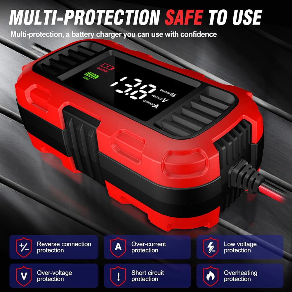 Для автомобиля, мотоцикла, скутера, зарядки аккумулятора, обслуживание аккумулятора, цифровое зарядное устройство для свинцово-кислотных аккумуляторов, умное зарядное устройство
