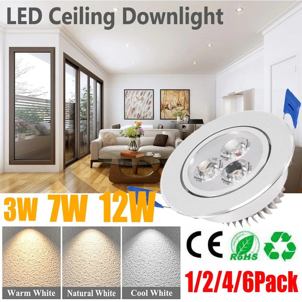 

3/7/12W Recessed LED Downlight 85-265V Indoor Ceiling Lights Round Panel Spotlight Natural/Cool /Warm White Living Room Lighting