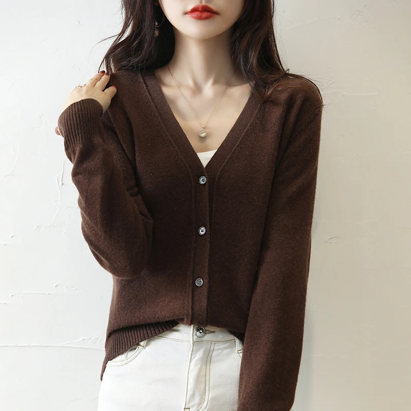 Women's Knitted Wool Cardigan Spring New Elegant Fashion V-Neck Single Breasted Sweater Long Sleeve Casual Coat Loose Chic Top