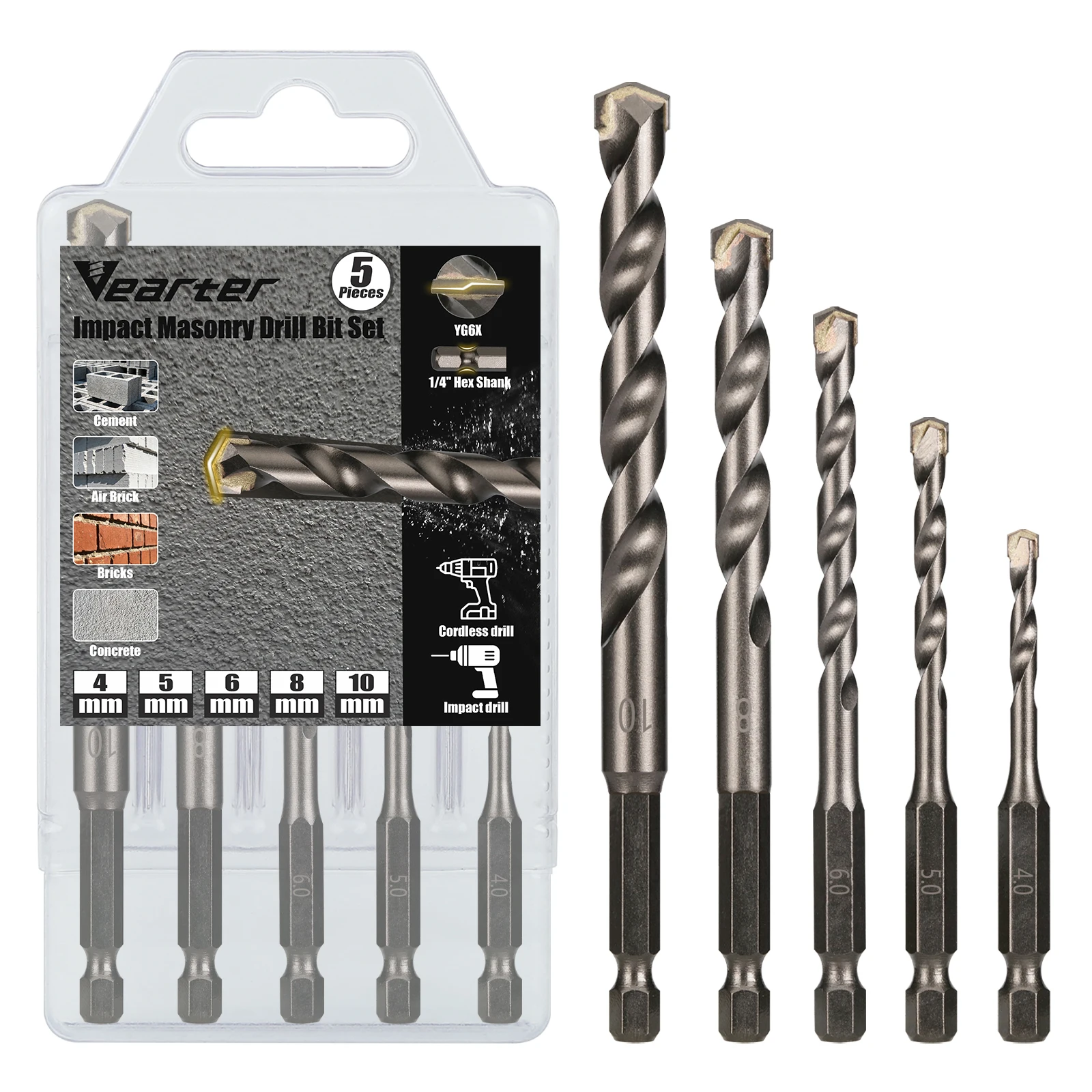 Набор из 5 ударных сверл по бетону с шестигранным хвостовиком 4/5/6/8/10 мм, твердосплавные наконечники YG6X для сверления бетона, кирпича, цементных стен