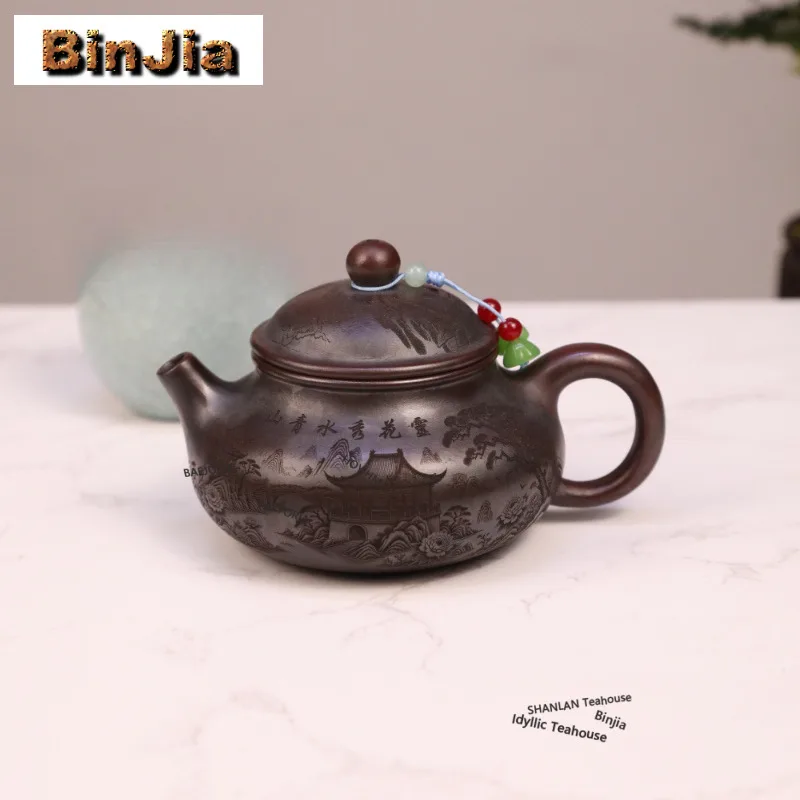 

230ml Retro Yixing Purple Clay Teapots Handmade Rong Tian Pot Raw Ore Antique Brass Mud Tea Maker Kettle Zisha Tea Set Gifts
