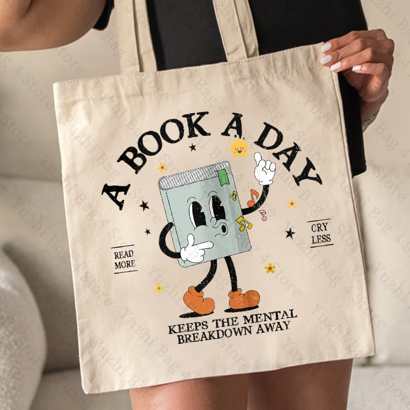 A Book A Day Pattern Shopping Bag Book Lover Large Capacity Shoulder Bag Women Canvas Bag Birthday Gift Bookworm