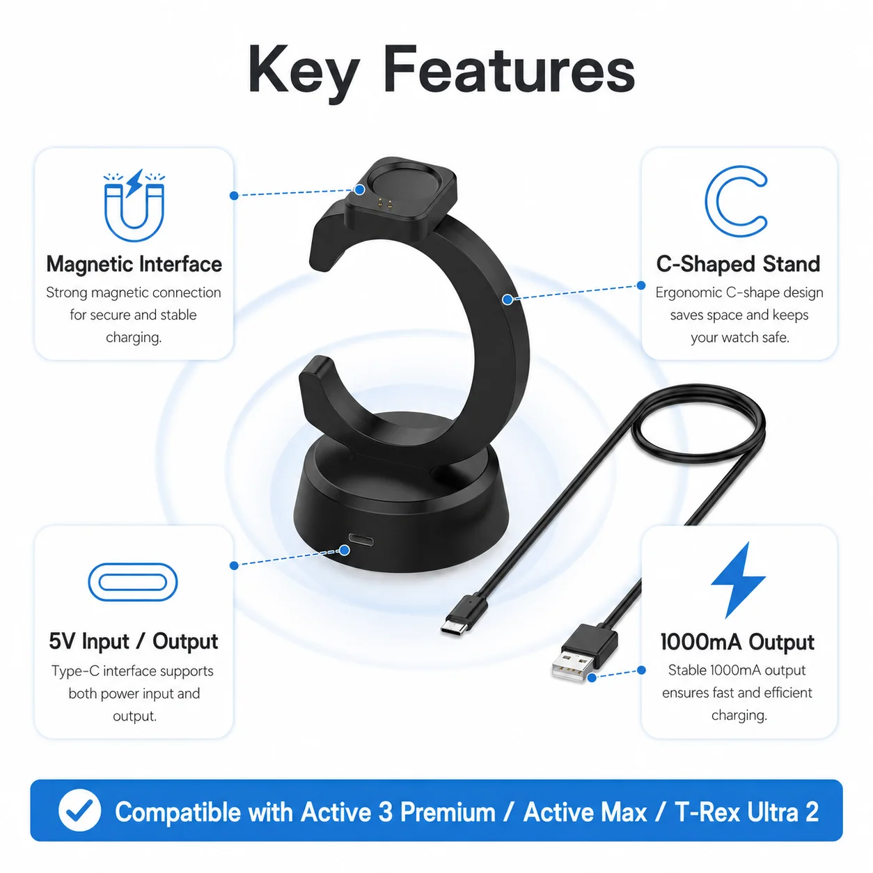 Magnetic Charging Stand for Amazfit Active 3 Premium Active Max T-Rex Ultra 2 Smartwatch C-Shaped Charger Dock Charging Cradle