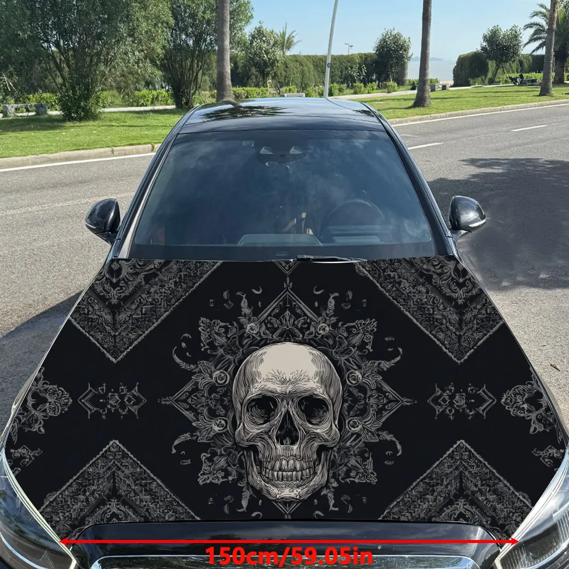 Car Decal Skull with Geometric Ornamental Elements in Artistic Dark Background & Gothic-Stylish Visual Details Car Hood Sticker,
