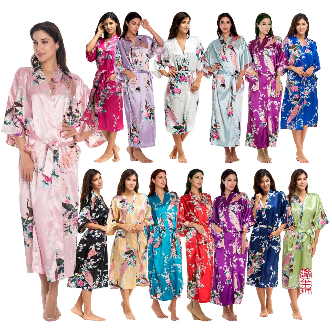 

Half Sleeve Loose Style Woman Japanese Kimono Satin Silk Sleepwear Pajamas Peacock Spa Yukata Bathing Robe Lady's Long Dress