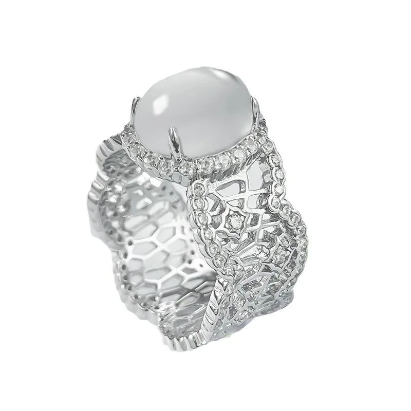 S925 Silver Ring Natural Water Foam Jade Girl Egg Face High Ice Glass Seed Jade Stone 8 * 10 Dove Egg Sparrow Diamond Ring