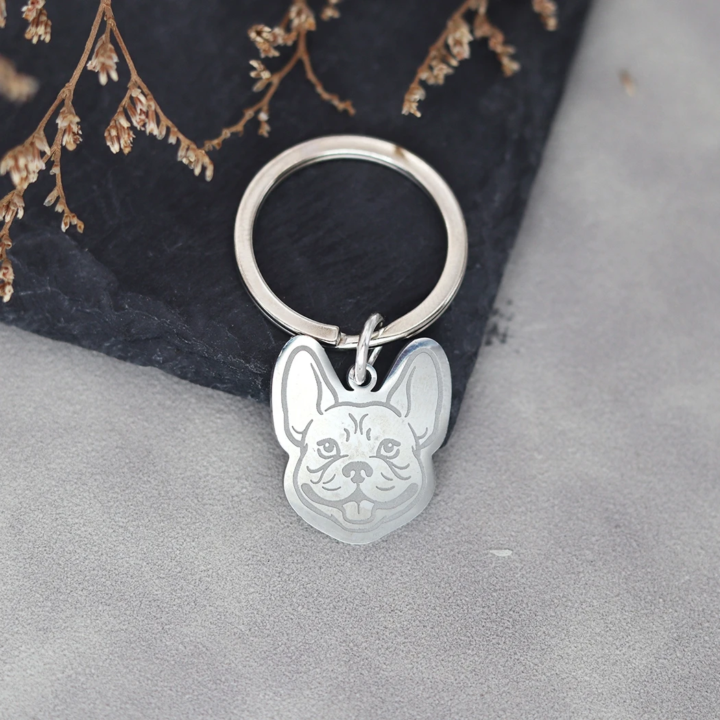 Qiamni-男性と女性のためのかわいいフレンチブルドッグキーホルダー、ステンレス鋼、カスタム名、番号、動物のペンダント、キーホルダー、パーティージュエリー、ギフト