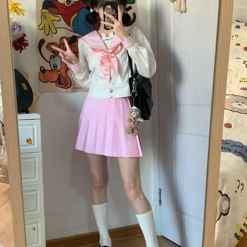 

Sweet Sailor Collar Long Sleeve Jk Top for Women+ Y2k High Waist Pleated A-line Skirts 2025 Spring Autumn New Two Piece Sets