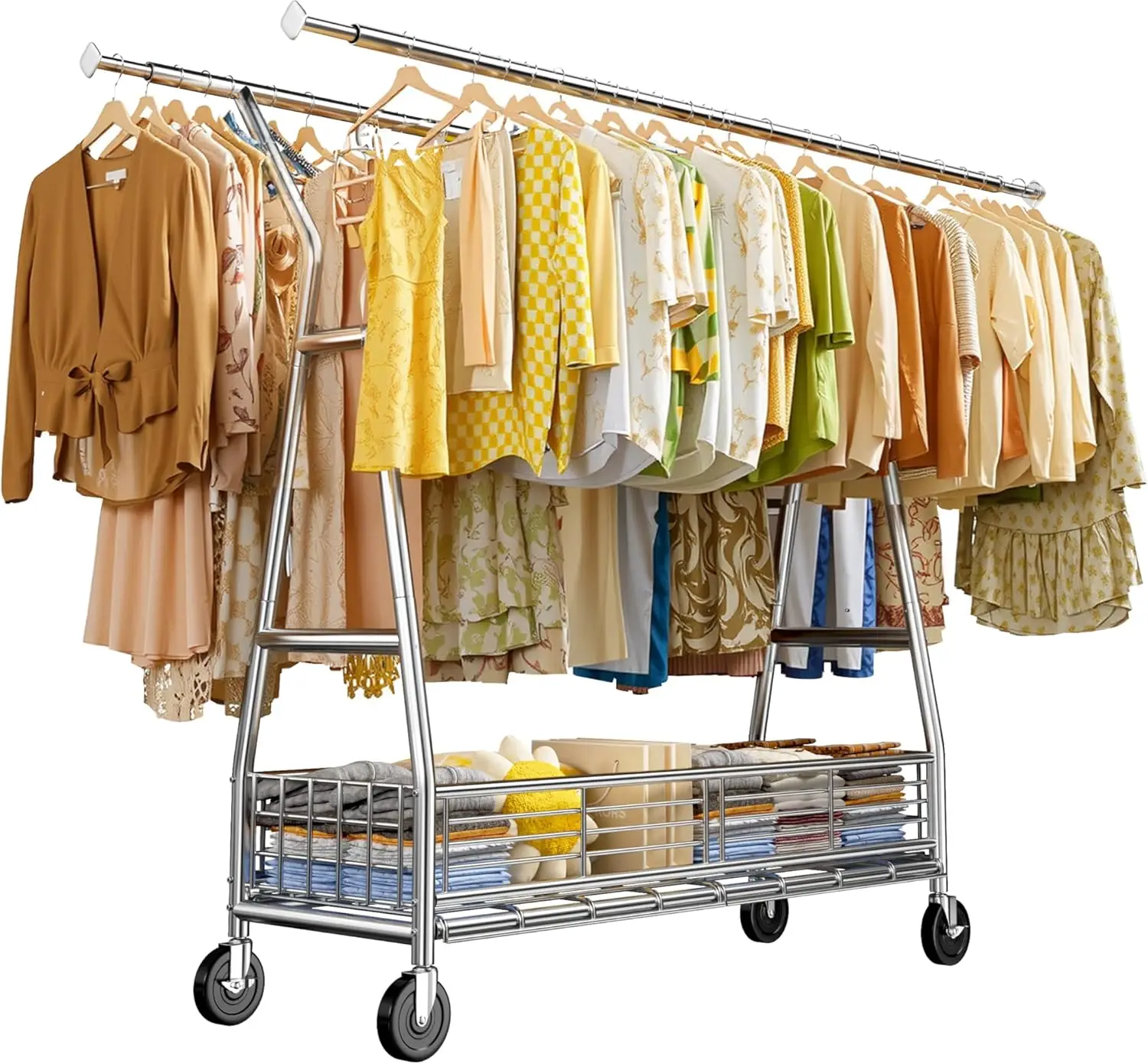 

Heavy Duty Clothes Rack 630LBS Clothing Rack with Sturdy Wheels and Shelves Double Rods Clothing Racks for Hanging Clothes Comme