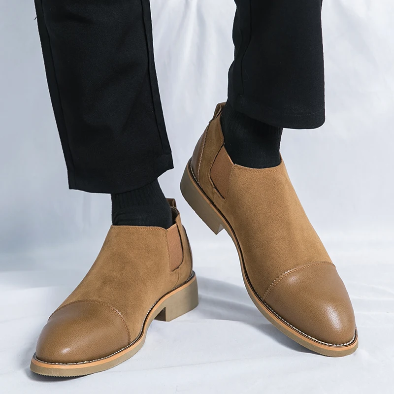 PU Splicing Suede Loafers for Daily Office Use Low Heels Comfortable and Fashionable Retro Pointed Formal Leather Shoes