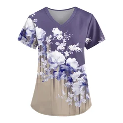 Womens Floral Print Uniforms V Neck Summer Casual Scrubs Short Sleeve Medical Workwear Nursing Scrub Tops with Pockets 3XL 