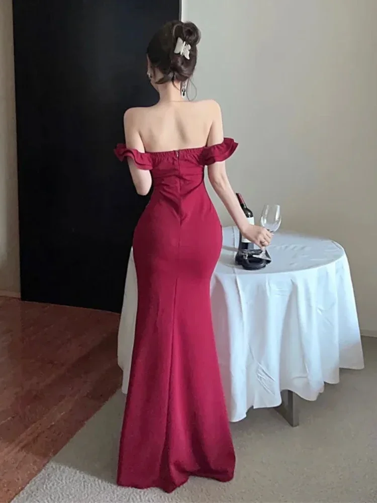 France Vintage Elegant Evening Party Dress Women Y2k Ruffled One Shoulder Strapless Midi Dress Famale Solid Korean Chic Clothes