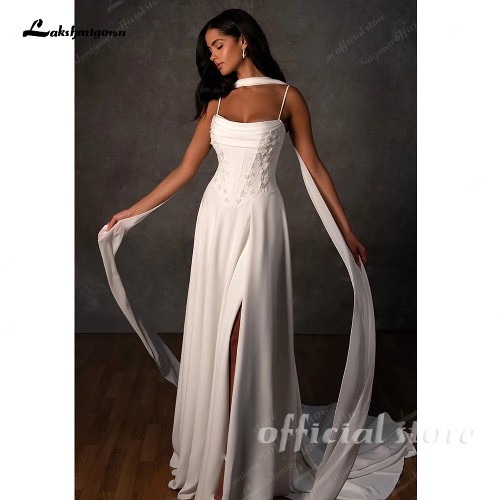 Lakshmigown Korsett-Satin-Hochzeitskleider mit Schal, sexy Strand-Brautkleider für Frauen, seitlich geschlitzt, maßgeschneiderte Bruidsjurken. – Detail 5